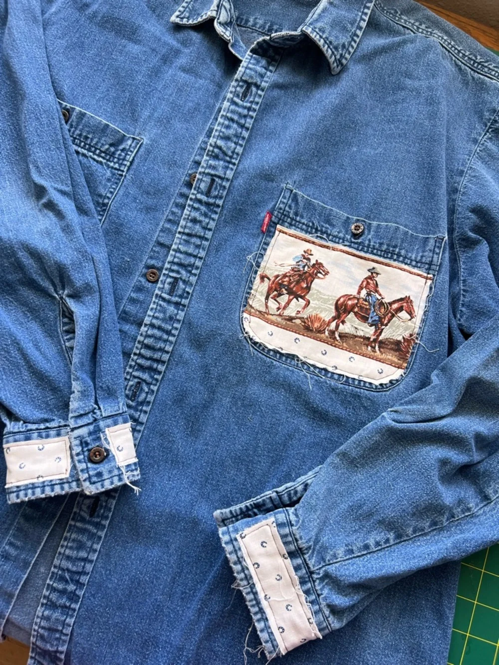 Vintage Levi handmade upcycled western cowboy patchwork button down XL - Picture 3 of 7